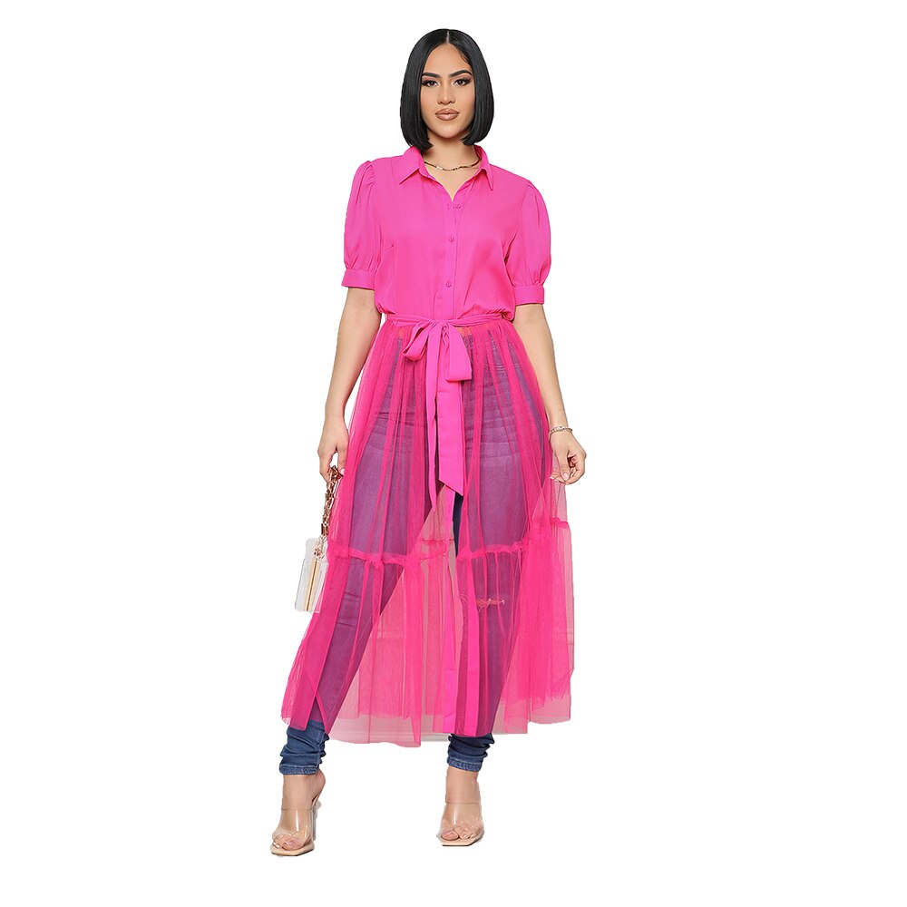 OLOMLB Summer Women's  Elegant Dresses Mesh Perspective Solid Color Party  Evening Dress Woman Shirt Dress