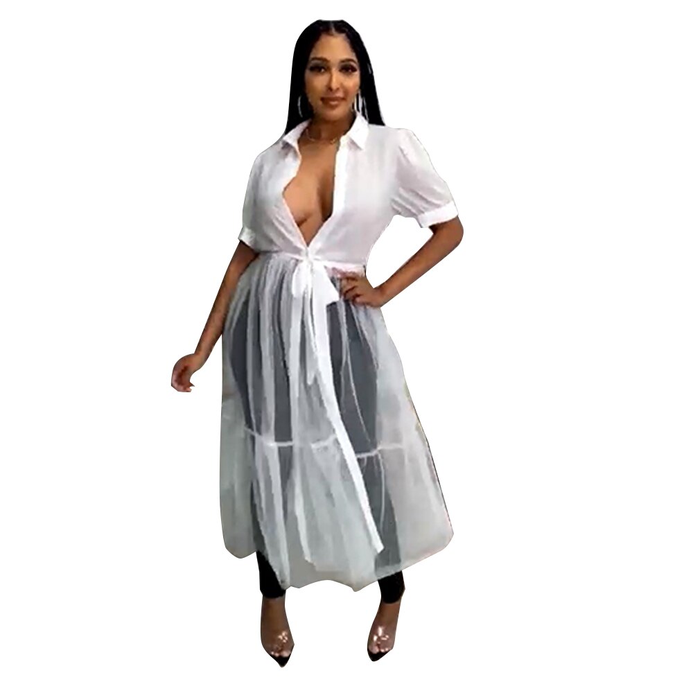 OLOMLB Summer Women's  Elegant Dresses Mesh Perspective Solid Color Party  Evening Dress Woman Shirt Dress