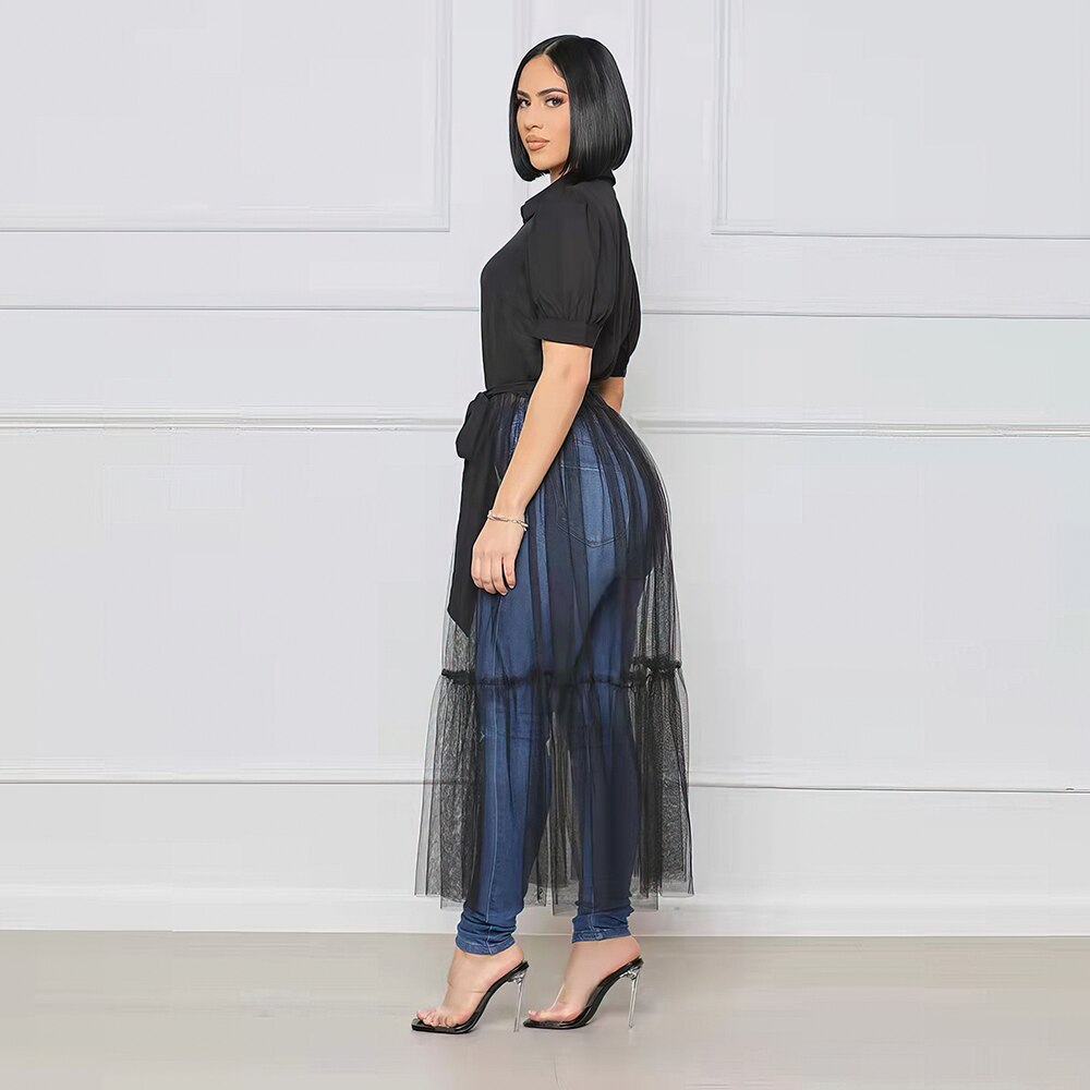 OLOMLB Summer Women's  Elegant Dresses Mesh Perspective Solid Color Party  Evening Dress Woman Shirt Dress