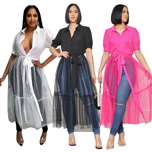 OLOMLB Summer Women's  Elegant Dresses Mesh Perspective Solid Color Party  Evening Dress Woman Shirt Dress