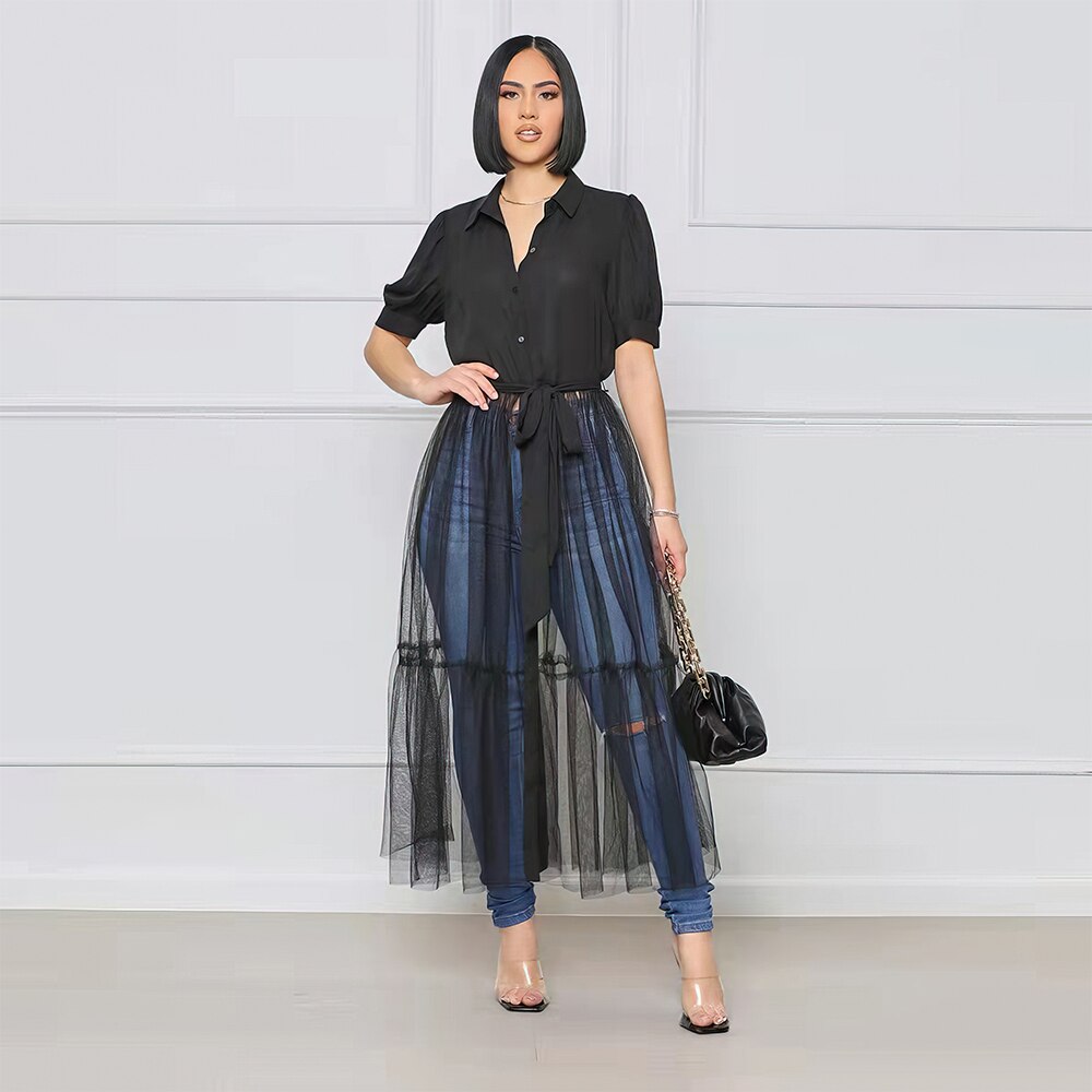 OLOMLB Summer Women's  Elegant Dresses Mesh Perspective Solid Color Party  Evening Dress Woman Shirt Dress